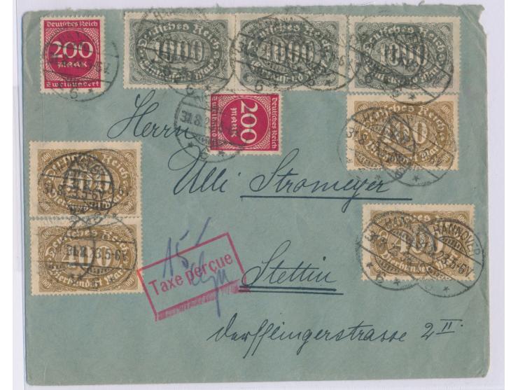 Mischfrankatur 5.000 Mark und roter R1  Taxe percue  mit handschriftlich 15.000 M. als  Teilbarfrankatur  von  Hannover 6  31