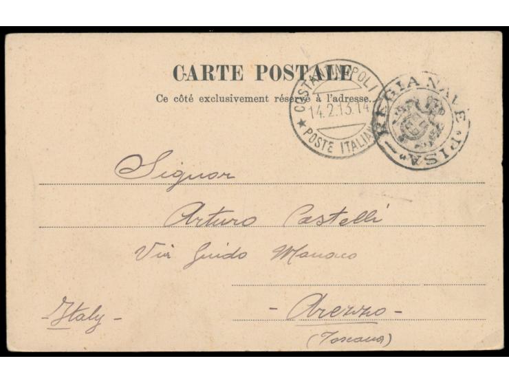Stempel  Costantinopoli / Poste Italiane  14.2.13 und Dienstsiegel  Regia Nave "Pisa"  auf unfrankierter Ansichtskarte "Salut