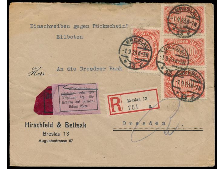 4 x 100.000 M. auf  Eilboten-Rückschein-Einschreibbrief  2. Gewicht mit Stempel  Breslau 13  1.9.23 nach Dresden,  Porto-Erst