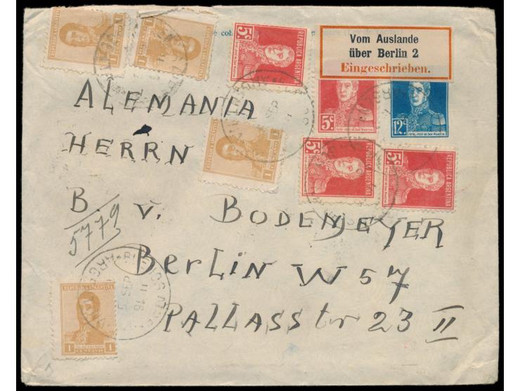 Argentinien-Ganzsachenumschlag  12 C. mit Zusatzfrankatur4 x 1 C. und 4 x 5 C. als Einschreiben von Buenos Aires 5.9.23  nach