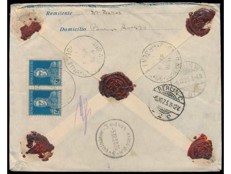 Argentinien-Ganzsachenumschlag  12 C. mit Zusatzfrankatur4 x 1 C. und 4 x 5 C. als Einschreiben von Buenos Aires 5.9.23  nach