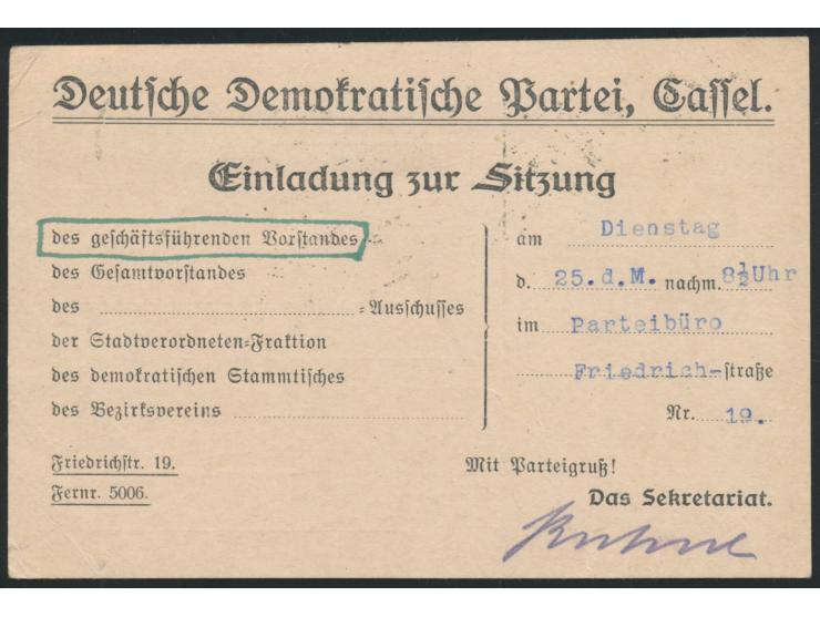 Ortskarte mit Stempel &nbsp;Cassel 1 &nbsp;22.9.23, Frankatur 3x 15 Tausend auf 40 M. und 5000 M. Queroval, portorichtig, rüc