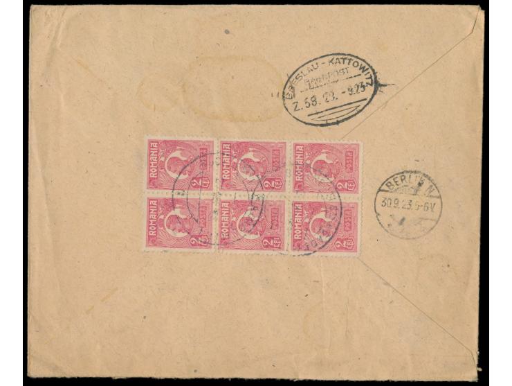 Rumänien  2 Lei im Sechserblock rückseitig auf Einschreibbrief von Bukarest 27.9.23 nach Berlin, rückseitig Bahnpoststempel  