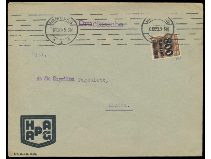 Einzelfrankatur 800 Tsd auf 400 M. braun auf Drucksache 2. Gewicht, Maschinenstempel Hamburg 1 6.10.23, nach Lindau, portoric