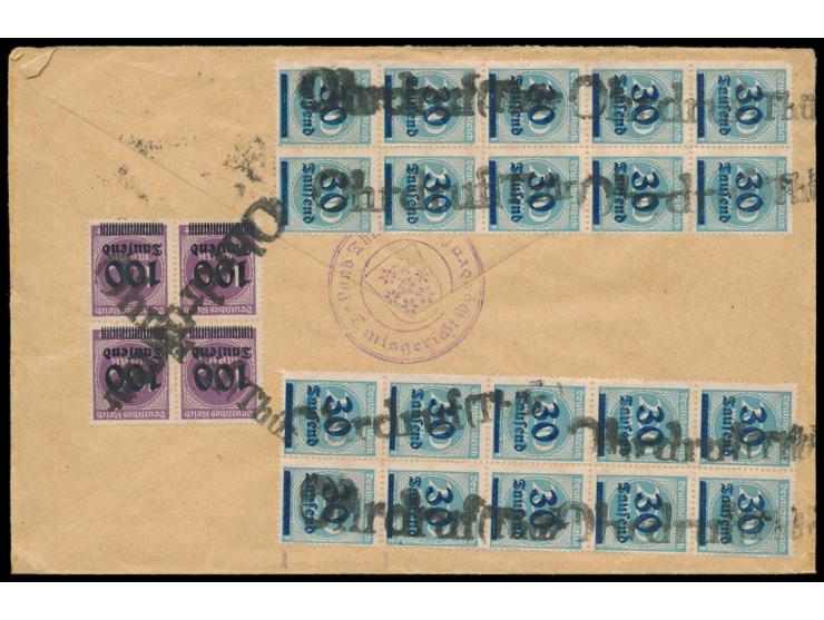 Behördenbrief mit vorderseitig 2 x 2 Mio. auf 500 M. und rückseitig 20 x 30 Tsd. auf 200 M. und Viererblock 100 Tsd. auf 100 