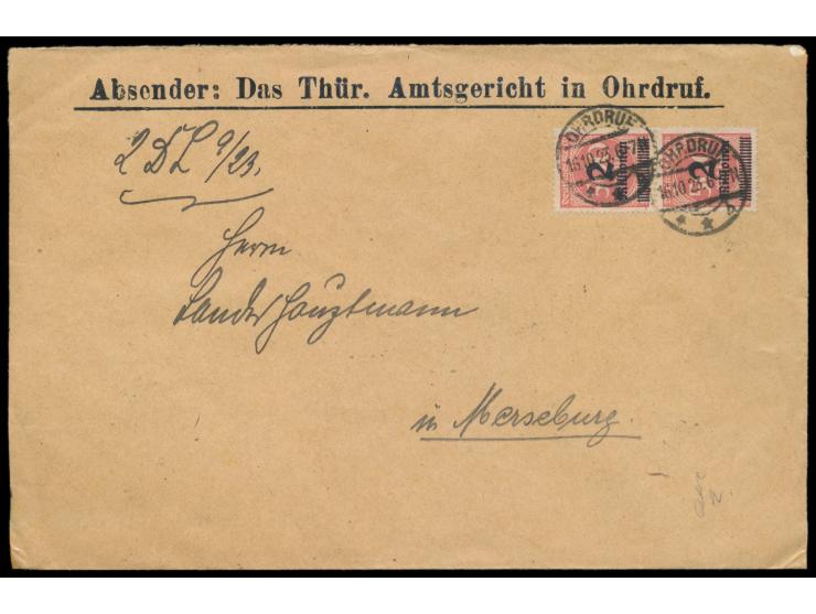 Behördenbrief mit vorderseitig 2 x 2 Mio. auf 500 M. und rückseitig 20 x 30 Tsd. auf 200 M. und Viererblock 100 Tsd. auf 100 