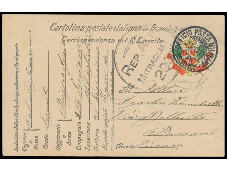 Feldpoststempel &nbsp;Ufficio Posta Militare 35. Divisione A &nbsp;20.10.16 und großer Kreisstempel &quot;Rep. Alp. Mitraglia