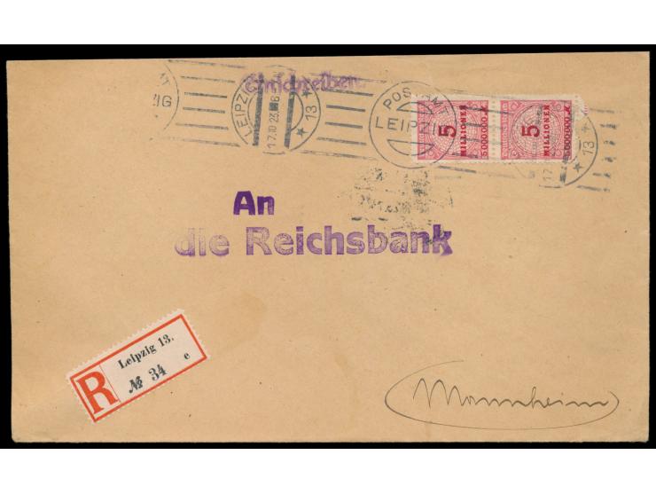 2 x 5 Mio M. auf  Einschreibbrief  mit seltenem  Handrollstempel Leipzig 13  17.10.23, Stempelkopf im Wechsel durch mit sechs