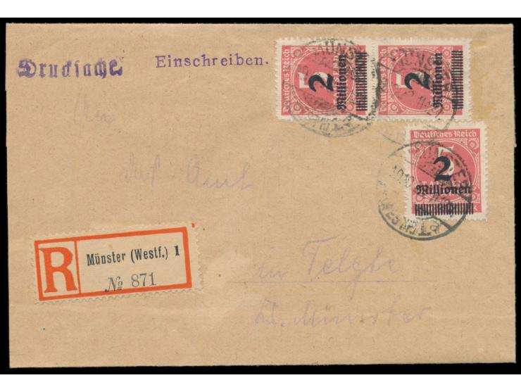 3 x 2 Mio auf 5000 M.  durchstochen  auf  Einschreiben-Drucksache  mit Stempel  Münster (Westf) 1  19.10.23,  Porto-Letzttag,