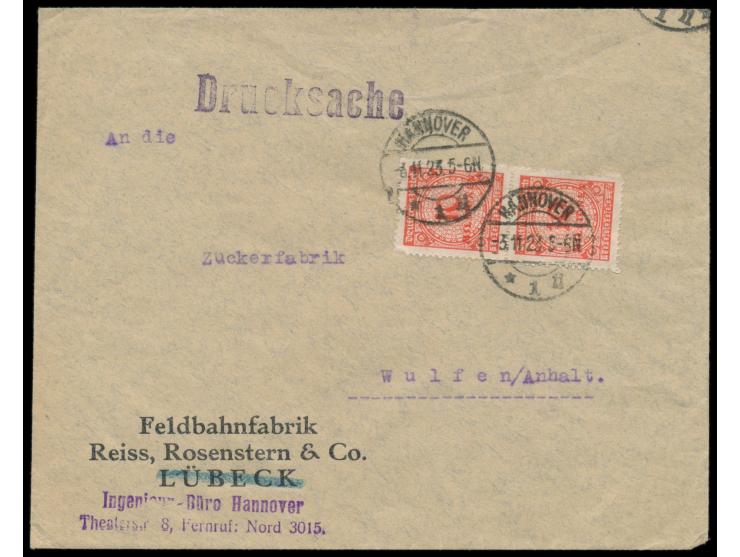 2 x 10 Mio. M. Rosette  durchstochen  auf Drucksache, Stempel Hannover 3.11.23, nach Wulfen, portorichtig, Bedarf
Postleitzah