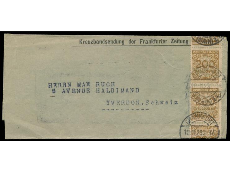 senkrechter Viererstreifen 200 Mio M. mit Firmenlochung auf "Kreuzbandsendung der Frankfurter Zeitung" in die Schweiz, vor de