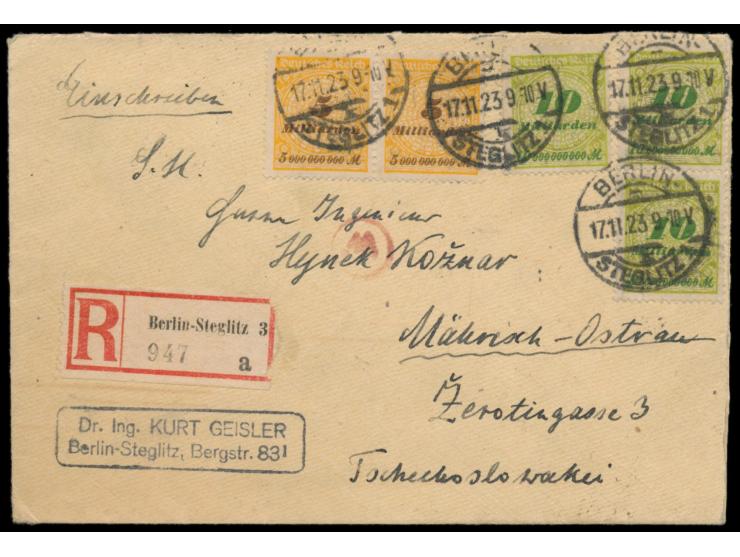 2 x 5 Mrd M. und 3 x 10 Mrd M auf  Einschreibbrief  mit Stempel Berlin-Steglitz 1 17.11.23  in die Tschechoslowakei,  Sondert