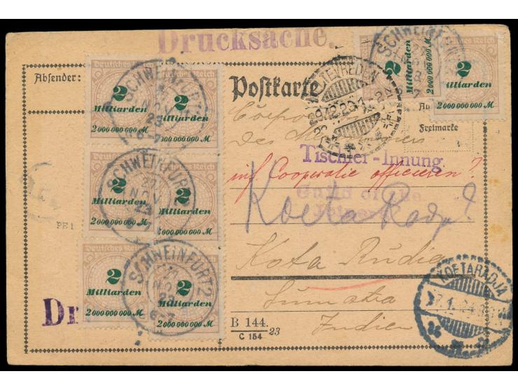 8 x 2 Mrd M auf Auslandsdrucksache im  Vierfachporto nach Sumatra / Niederländisch-Indien,  Stempel Schweinfurt 22.11.23, Dur
