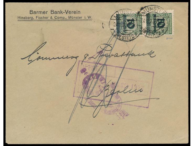 2 x 10 Mrd auf 50 Mio M mit sauberem Durchstich auf Brief, Stempel  Münster (Westf.) 2  24.11.23, nach Berlin, Firmeneingangs