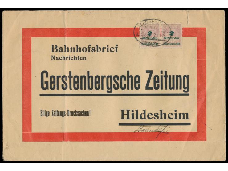 Bahnhofsbrief &nbsp;(Format 22 x 15 cm) an die Gerstenbergsche Zeitung in Hildesheim, Frankatur 2 x 2 Mrd M. Rosette im Paar 