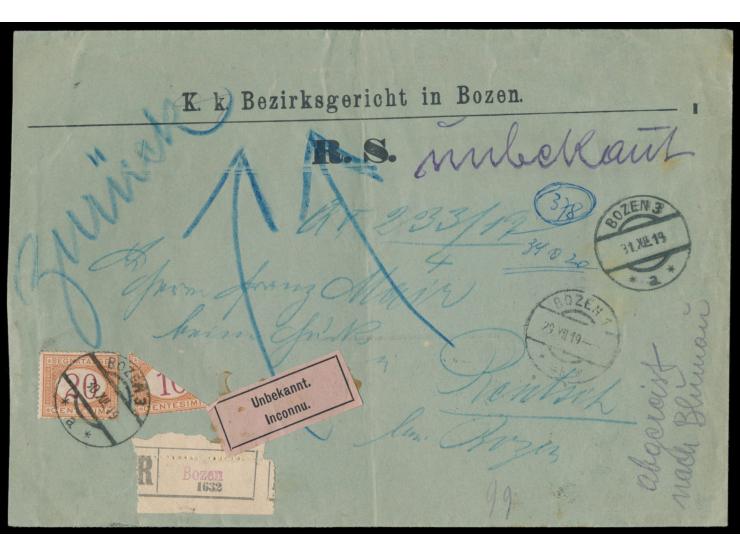 Rückschein-Brief des Bezirksgericht Bozen 1 29.12.19 nach Rentsch bei Bozen, Portomarke 20 C. und  Halbierung 10 C.  mit Stem