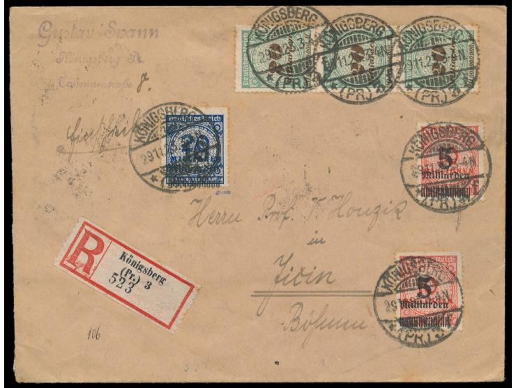 Mischfrankatur 80 Mrd. M. (einige Zahnspitzen stockfleckig) auf  Einschreibbrief im Vierfachporto,  Stempel  Königsberg (Pr.)