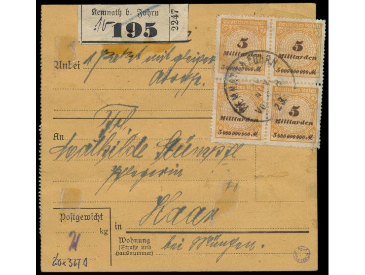 20 x 5 Mrd M. als  Vierfachporto  beidseitig auf Paketkarte  Kemnath b. Fuhrn  30.11.23 nach Haar,  Infla-Letzttag,  vier Mar
