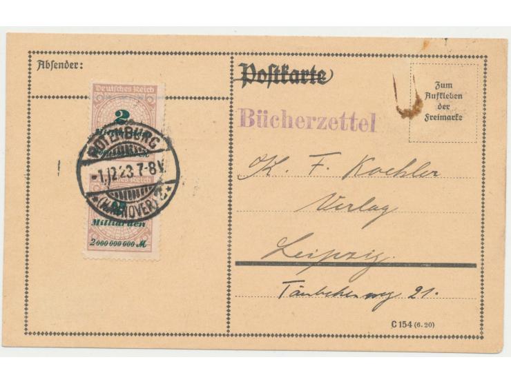 2x 2 Mrd M. auf Bücherzettel mit Stempel Rotenburg (Han.) 1.12.23 nach Leipzig,  Dezemberdatum,  Bedarf, kleine Klammerspur
P