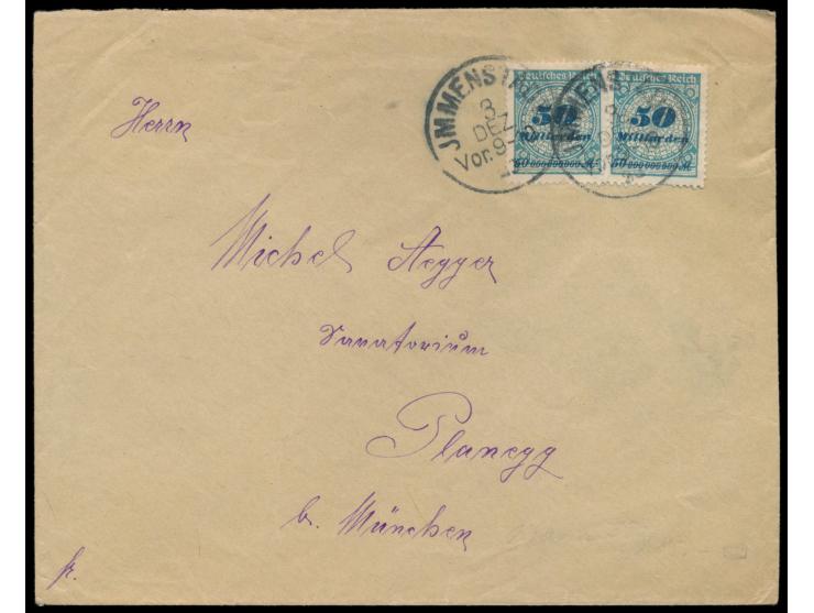 Dezemberbrief:  2 x 50 Mrd M. auf Brief mit Stempel Jmmenstadt 3.12.23 nach Planegg, portorichtig, Bedarf
Postleitzahl: 875
