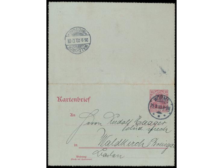 Ganzsachen-Kartenbrief mit innen zweifarbigem  Zudruck A. Dinkelmann, Bankgeschäft, Worms  (Lotterie), Stempel Worms 25.9.03,