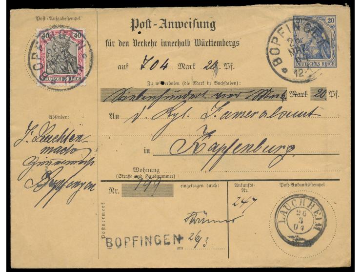 Postanweisungsumschlag &nbsp;für den Verkehr innerhalb Württembergs 20 Pf. mit Zusatzfrankatur 40 Pf., für einen Betrag von 7