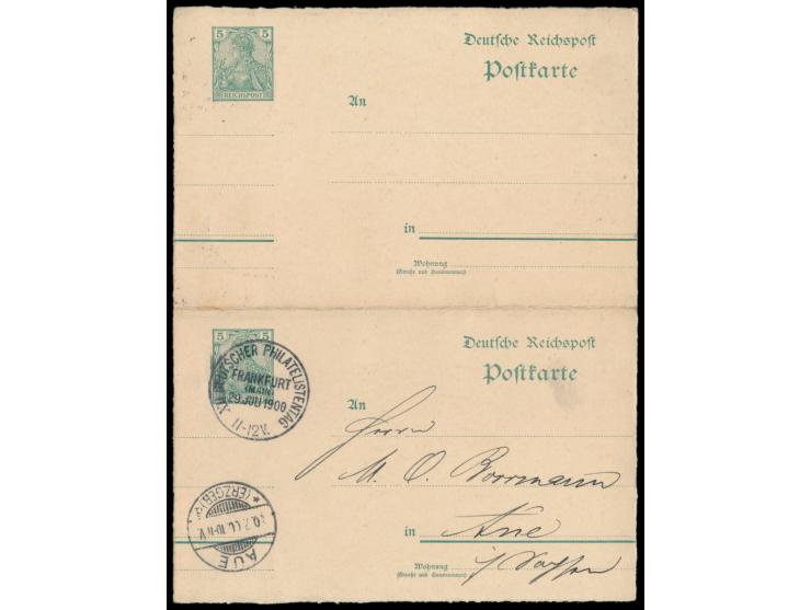 zwei Ganzsachen 5 Pf. mit  Fehlschnitt  zusammenhängend (Wertstempel links), eine Karte mit Sonderstempel XII. Deutscher Phil