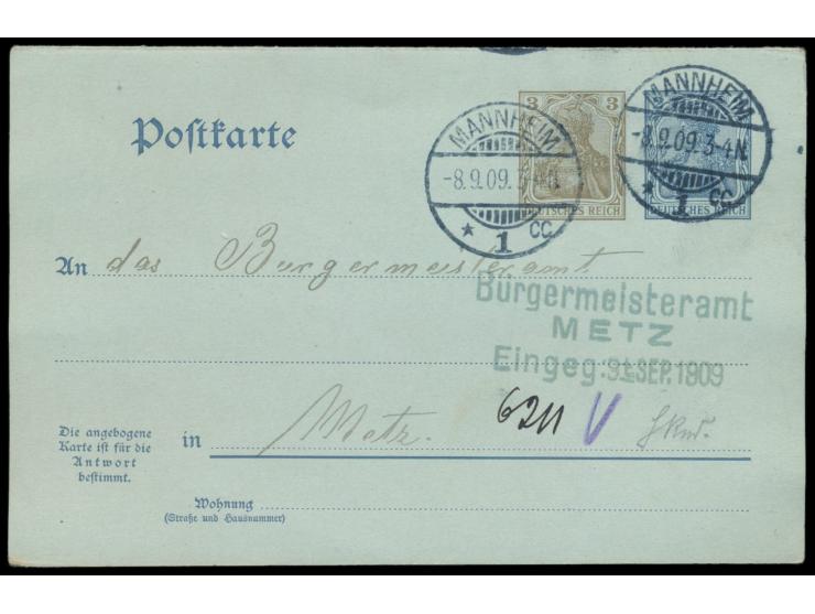 Aufbrauchsausgabe: Doppelkarte 2 Pf. (1902) mit zugedrucktem Wertstempel 3 Pf., Stempel Mannheim 8.9.09, an das Bürgermeister