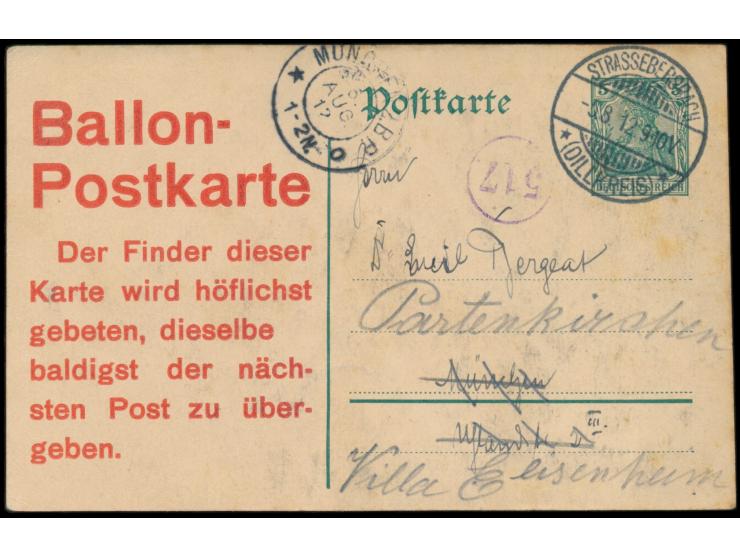 Ganzsache 5 Pfg. Germania mit &nbsp;großem roten &nbsp;Zudruck Ballon-Postkarte der Finder dieser Karte &nbsp;wird höflichst 