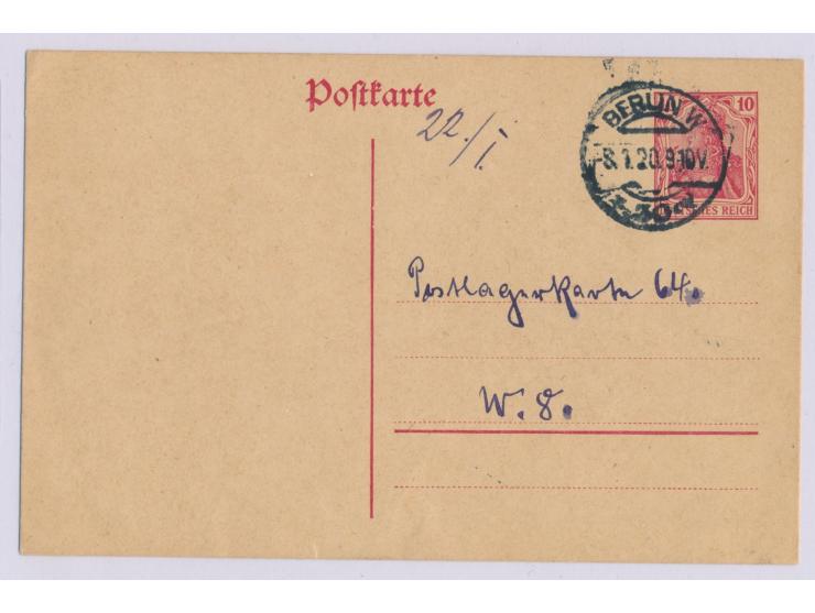 Ganzsache 10 Pf. mit Stempel &nbsp;Berlin W 30 &nbsp;8.1.20 als Ortskarte, adressiert &nbsp;an &quot;Postlagerkarte 64&quot; 