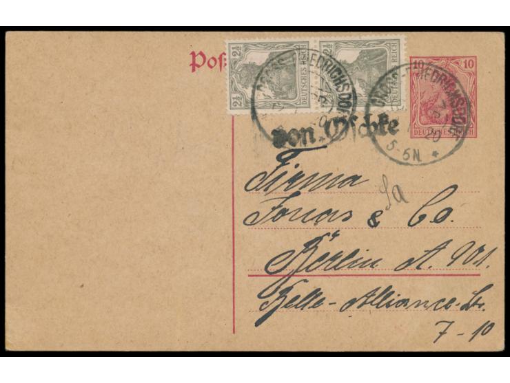 Ganzsache 10 Pf. mit Zusatzfrankatur 2 x 2 1/2 Pf., Segmentstempel &nbsp;Gross-Friedrichsort (Ostpr.) &nbsp;19.1.20 und selte