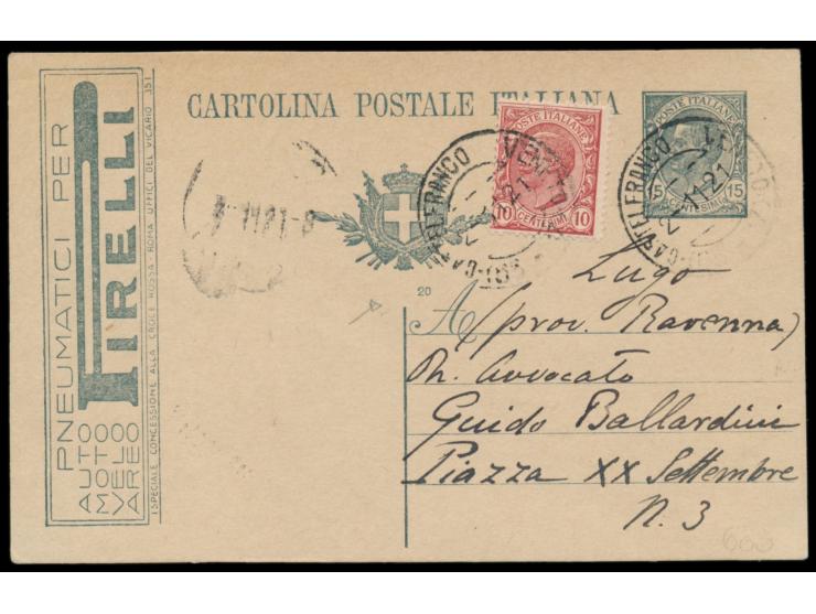 Reklame-Postkarte 15 C. Leoni mit Druckjahr "20" und seltener Werbung  "Pirelli - Pneumatici ..." , Unificato R 3A / 61 (600 