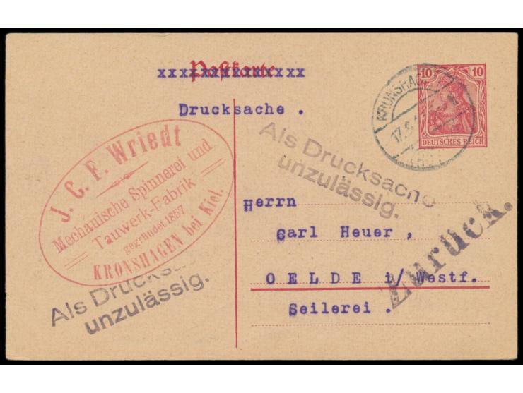 Ganzsache 10 Pf. mit Schreibmaschinen-Beschriftung und Vermerk Drucksache, Stempel Kronshagen 17.6.20, nach Oelde, L1 Zurück 