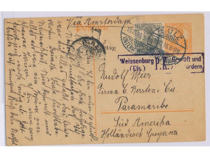 Ganzsache 7 1/2 Pf. mit Zusatzfrankatur 2 1/2 Pf.  nach Suriname,  Stempel Sulz unterm Wald 18.10.16, Zensurstempel Weissenbu