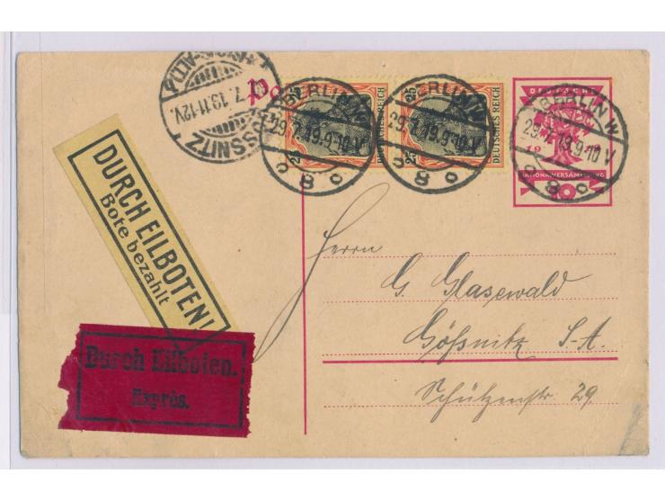 Ganzsache 10 Pf. Nationalversammlung mit Zusatzfrankatur 2 x 25 Pf. Germania als  Eilboten-Karte  mit Stempel Berlin W 8 29.7