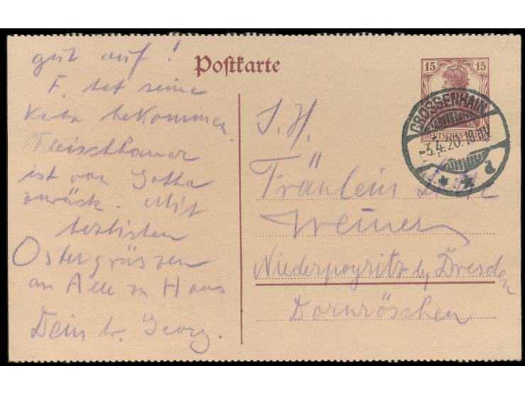 Ganzsache 15 Pf. braunlila &nbsp;gezähnt, &nbsp;Stempel Grossenhain 3.4.20, nach Niederpyritz, seltene portorichtige Verwendu