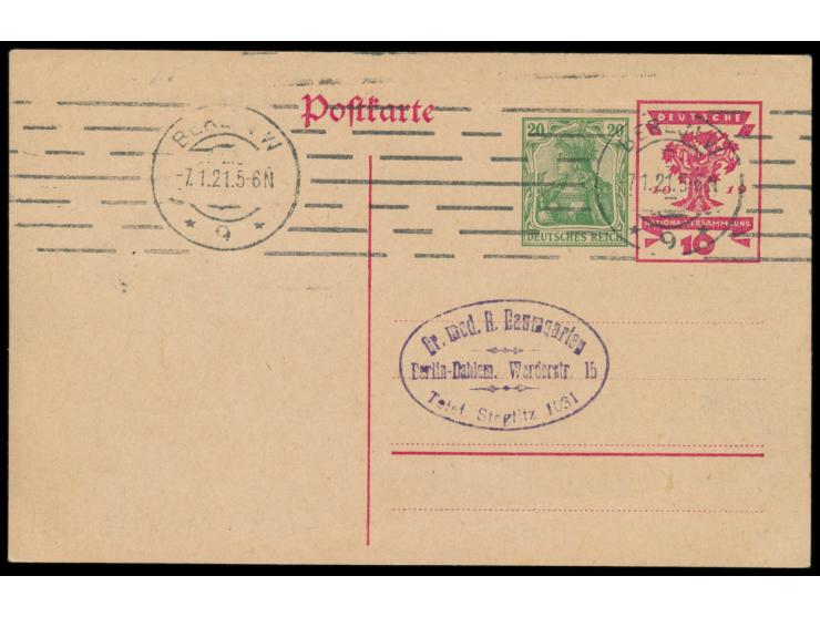 Ganzsache 10 Pf. Nationalversammlung mit Zudruck eines zweiten Wertstempels 20 Pf. Germania grün, Maschinenstempel Berlin W 9