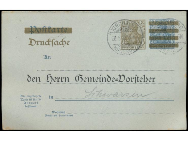 Aufbrauchsausgabe: Doppelkarte 2 Pf. überdruckt als Drucksachenkarte,  nur Frageteil überdruckt,  anhängender Antwortteil ohn