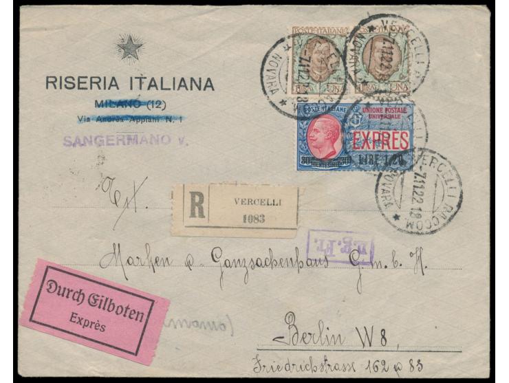 2 x 1 L. Floreale und &nbsp;Auslands-Eilmarke 1,20 L. auf 30 L. &nbsp;auf &nbsp;Eilboten-Einschreibbrief &nbsp;mit Stempel Ve