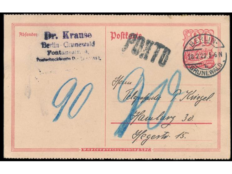 Ganzsache  Postreiter  80 Pf.  gezähnt,  Stempel  Berlin-Grunewald  28.2.22. nach Hamburg, unterfrankiert, Stempel Porto und 