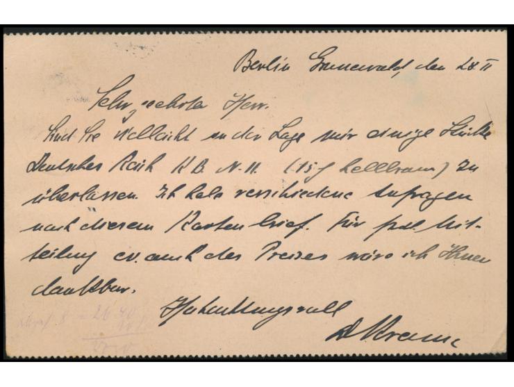 Ganzsache  Postreiter  80 Pf.  gezähnt,  Stempel  Berlin-Grunewald  28.2.22. nach Hamburg, unterfrankiert, Stempel Porto und 