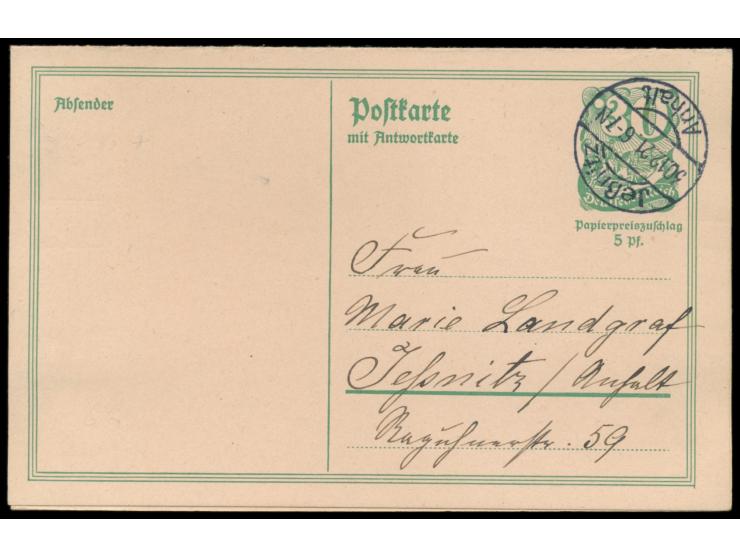 Ganzsachen-Doppelkarte  Postreiter  30 Pf., portorichtig ohne Zusatzfrankatur als Ortskarte, Stempel  Jeßnitz Anhalt  30.12.2