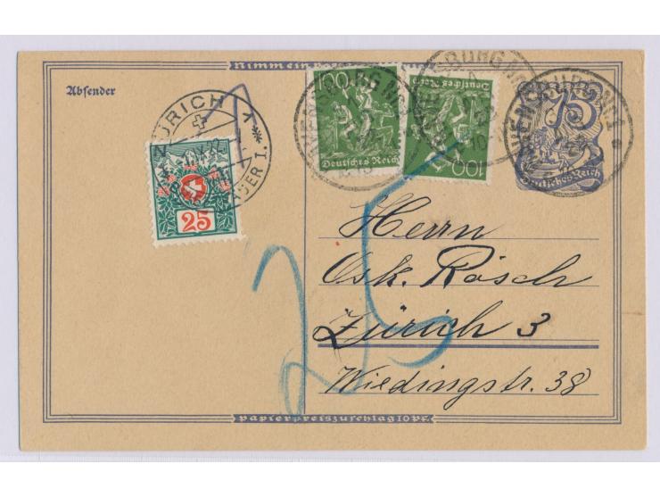 Ganzsache 75 Pf. Postreiter mit Zusatzfrankatur 2 x 100 Pf. Bergarbeiter als Auslandskarte in die Schweiz, Stempel  Ravensbur