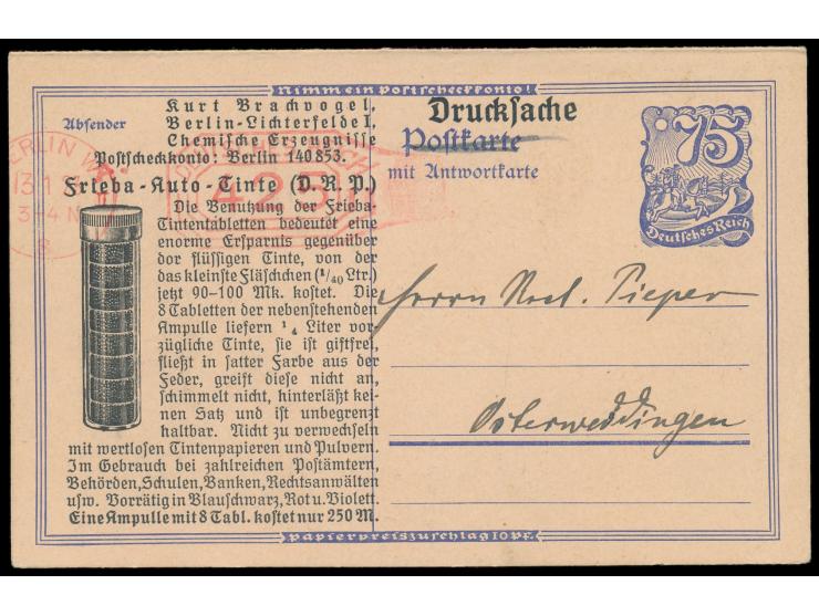 Ganzsachen-Doppelkarte 75 Pfg. Postreiter, beide Teile mit Zudruck "Frieba-Auto-Tinte"  als Drucksache,  Zusatzfrankatur durc