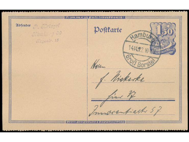 Ganzsache  Postreiter  1,50 M,  gezähnt,  Stempel Hamburg-Groß Borstel 14.11.22, seltene portorichtige Verwendung ohne Zusatz