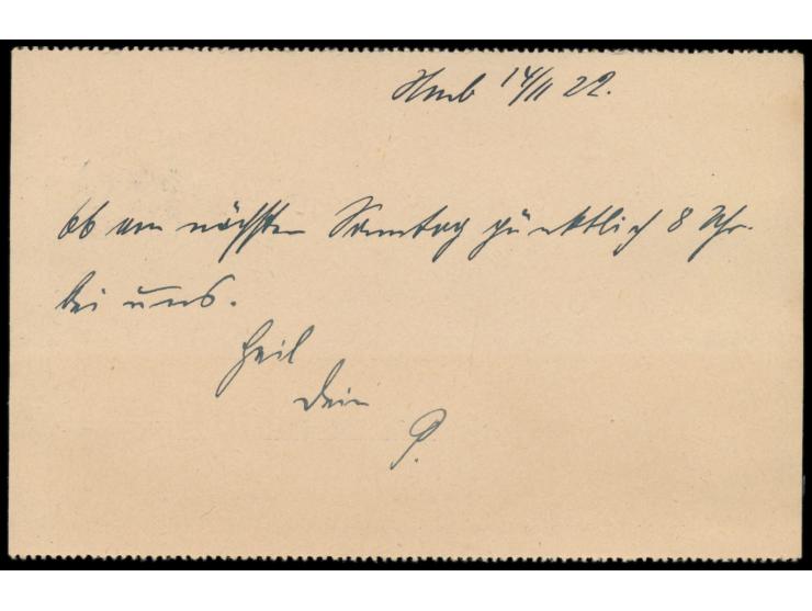 Ganzsache  Postreiter  1,50 M,  gezähnt,  Stempel Hamburg-Groß Borstel 14.11.22, seltene portorichtige Verwendung ohne Zusatz