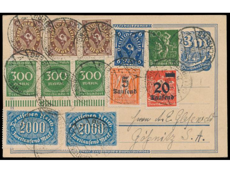 Ganzsache 3 M. Postreiter mit Zusatzfrankatur 29.997 M. als Fernpostkarte mit Stempel Lichtenstein-Callnberg 17.9.23 nach Göß