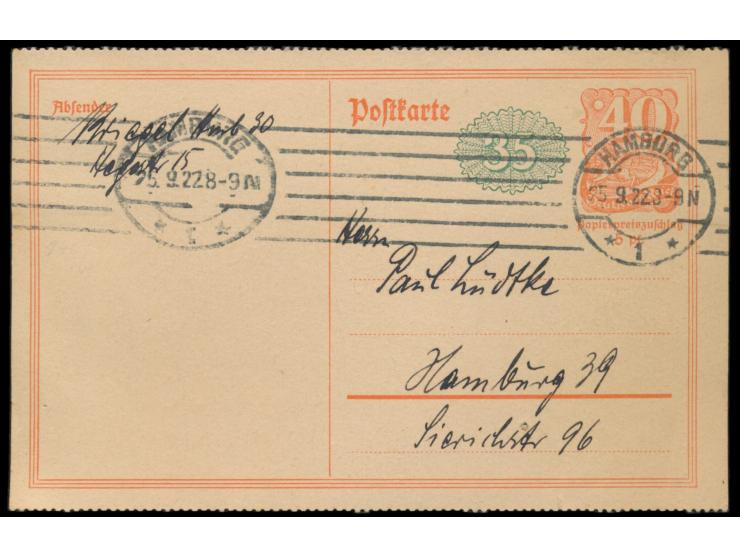 Ganzsache  Postreiter  40 Pf. mit Aufwertung 35 Pf.,  gezähnt,  Maschinenstempel Hamburg 1 25.9.22, seltene portorichtige Ver