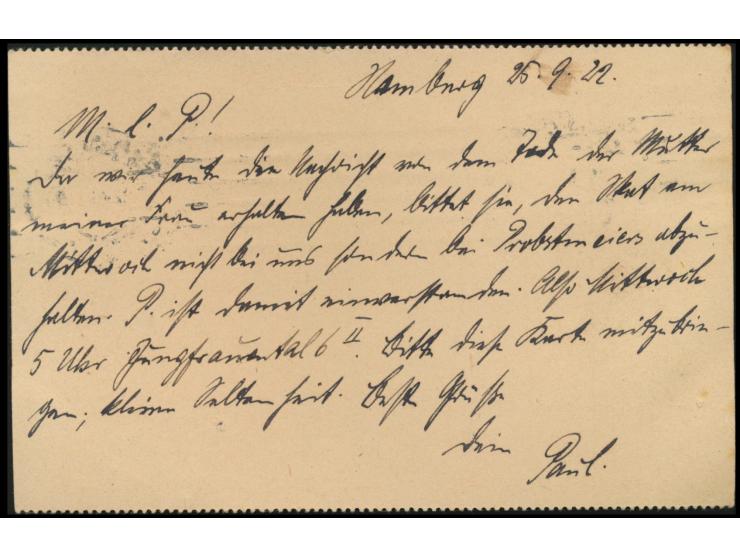 Ganzsache  Postreiter  40 Pf. mit Aufwertung 35 Pf.,  gezähnt,  Maschinenstempel Hamburg 1 25.9.22, seltene portorichtige Ver