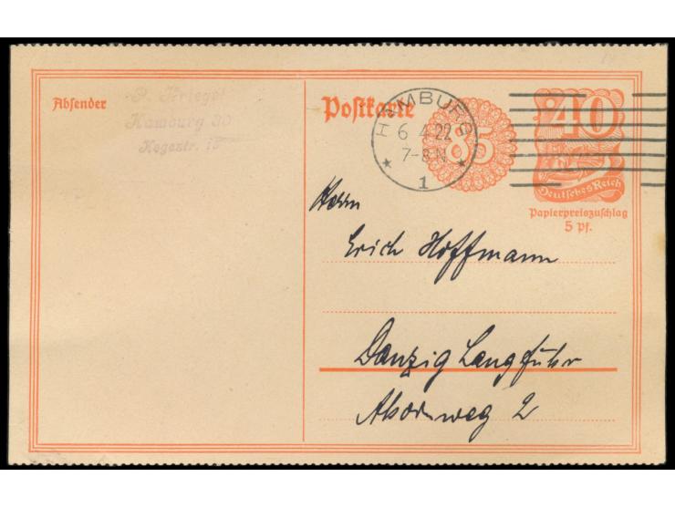 Ganzsache  Postreiter  40 Pf. mit Aufwertung 85 Pf.,  gezähnt,  Maschinenstempel Hamburg 1 6.4.22, seltene portorichtige Verw